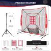 imageBAGAIL 7x7 ft Baseball ampamp Softball Practice Net with Bow Frame for Batting Hitting Pitching Portable Baseball Throwing Net with 2 Strike Zone Batting Tee Carry Bag Great for All LevelsRed