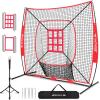imageBAGAIL 7x7 ft Baseball ampamp Softball Practice Net with Bow Frame for Batting Hitting Pitching Portable Baseball Throwing Net with 2 Strike Zone Batting Tee Carry Bag Great for All LevelsRed