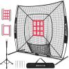 imageBAGAIL 7x7 ft Baseball ampamp Softball Practice Net with Bow Frame for Batting Hitting Pitching Portable Baseball Throwing Net with 2 Strike Zone Batting Tee Carry Bag Great for All LevelsBlack