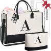 imageBAGAIL Initial Tote Bag Personalized Birthday Gifts for Women Teacher Friends Mom Wedding Monogrammed Beach BagIvory2pcs