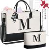 imageBAGAIL Initial Tote Bag Personalized Birthday Gifts for Women Teacher Friends Mom Wedding Monogrammed Beach BagIvory2pcs