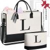 imageBAGAIL Initial Tote Bag Personalized Birthday Gifts for Women Teacher Friends Mom Wedding Monogrammed Beach BagIvory2pcs