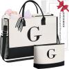 imageBAGAIL Initial Tote Bag Personalized Birthday Gifts for Women Teacher Friends Mom Wedding Monogrammed Beach BagIvory2pcs