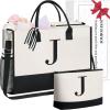 imageBAGAIL Initial Tote Bag Personalized Birthday Gifts for Women Teacher Friends Mom Wedding Monogrammed Beach BagIvory2pcs
