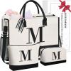 imageBAGAIL Initial Tote Bag Personalized Birthday Gifts for Women Teacher Friends Mom Wedding Monogrammed Beach BagIvory3pcs