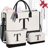 imageBAGAIL Initial Tote Bag Personalized Birthday Gifts for Women Teacher Friends Mom Wedding Monogrammed Beach BagIvory3pcs
