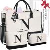 imageBAGAIL Initial Tote Bag Personalized Birthday Gifts for Women Teacher Friends Mom Wedding Monogrammed Beach BagIvory3pcs