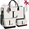 imageBAGAIL Initial Tote Bag Personalized Birthday Gifts for Women Teacher Friends Mom Wedding Monogrammed Beach BagIvory3pcs