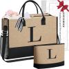 imageBAGAIL Initial Tote Bag Personalized Birthday Gifts for Women Teacher Friends Mom Wedding Monogrammed Beach BagJute Brown2pcs