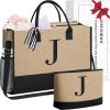 imageBAGAIL Initial Tote Bag Personalized Birthday Gifts for Women Teacher Friends Mom Wedding Monogrammed Beach BagJute Brown2pcs