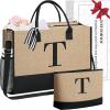 imageBAGAIL Initial Tote Bag Personalized Birthday Gifts for Women Teacher Friends Mom Wedding Monogrammed Beach BagJute Brown2pcs
