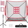 imageBAGAIL 7x7 ft Baseball ampamp Softball Practice Net with Bow Frame for Batting Hitting Pitching Portable Baseball Throwing Net with 2 Strike Zone Batting Tee Carry Bag Great for All LevelsRed