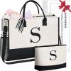 imageBAGAIL Initial Tote Bag Personalized Birthday Gifts for Women Teacher Friends Mom Wedding Monogrammed Beach BagIvory2pcs