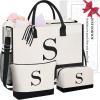 imageBAGAIL Initial Tote Bag Personalized Birthday Gifts for Women Teacher Friends Mom Wedding Monogrammed Beach BagIvory3pcs