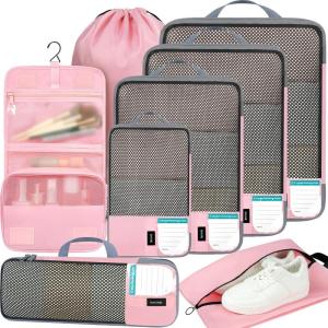 imageBAGAIL 4 Set6 Set8 Set Compression Packing Cubes Travel Accessories Expandable Packing Organizers Square Mesh 06Black8Pink