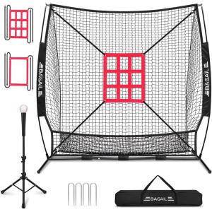 imageBAGAIL 7x7 ft Baseball ampamp Softball Practice Net with Bow Frame for Batting Hitting Pitching Portable Baseball Throwing Net with 2 Strike Zone Batting Tee Carry Bag Great for All LevelsBlack