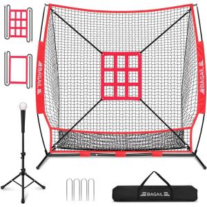 imageBAGAIL 7x7 ft Baseball ampamp Softball Practice Net with Bow Frame for Batting Hitting Pitching Portable Baseball Throwing Net with 2 Strike Zone Batting Tee Carry Bag Great for All LevelsRed