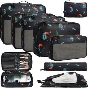 imageBAGAIL 8 Set9 Set Packing Cubes Luggage Packing Organizer for Travel Suitcase Packing Bags for Travel AccessoriesBlack Flamingo