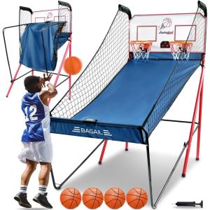imageBAGAIL Basketball Arcade Game Electronic Basketball Shooting Game with 8 Game Modes Arcade Sounds Foldable Frame 4 Balls Inflation Pump Ideal Indoor Sport Games for All Players  Dual ShotsDual Shots