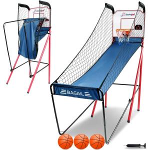 imageBAGAIL Basketball Arcade Game Electronic Basketball Shooting Game with 8 Game Modes Arcade Sounds Foldable Frame 4 Balls Inflation Pump Ideal Indoor Sport Games for All Players  Dual ShotsSingle Shot