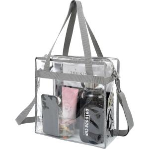 imageBAGAIL Clear Bags 12x6x12 Stadium Approved Clear Tote Bag with Zipper Closure Crossbody Shoulder Bag with Adjustable StrapGrey