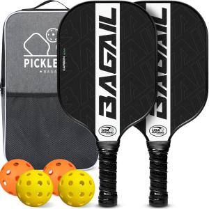 imageBAGAIL Pickleball Paddles USAPA Carbon Fiber Pickleball Sets Lightweight Pickle Ball Rackets Graphite Textured Surface 16mm Honeycomb Core for Ultimate Spin and Control Include 4 Balls and 1 BagWhite
