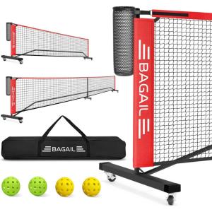 imageBAGAIL Portable Pickleball Net Set with Wheels 22 FT Regulation Size ampamp 11 FT Half Court Size 2in1 Pickle Ball Net with Ball Collector Carry Bag 4 Pickle Balls Easy Setup for Outdoor IndoorRed