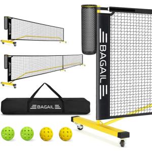 imageBAGAIL Portable Pickleball Net Set with Wheels 22 FT Regulation Size ampamp 11 FT Half Court Size 2in1 Pickle Ball Net with Ball Collector Carry Bag 4 Pickle Balls Easy Setup for Outdoor IndoorYellow