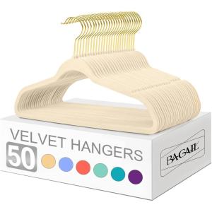 imageBAGAIL Velvet Hangers 50 Pack Non Slip 360 Degree Swivel Hook Strong and Durable Clothes Hangers for Coats Suit Shirt Dress Pants ampamp Dress ClothesIvoryGold 50 Pack