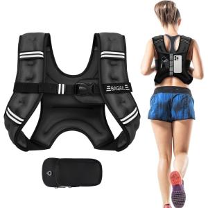 imageBAGAIL Weighted Vest 5lbs8lbs10lbs12lbs15lbs20lbs25lbs30lbs Weight Vest with Detachable Phone Pouch Rucking Vest for Women Men Walking Weight Loss Training RunningBlack
