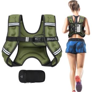 imageBAGAIL Weighted Vest 5lbs8lbs10lbs12lbs15lbs20lbs25lbs30lbs Weight Vest with Detachable Phone Pouch Rucking Vest for Women Men Walking Weight Loss Training RunningGreen