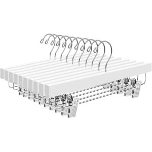 imageBAGAIL Wooden Pants Hangers with Adjustable Clips 360Swivel Hook Space Saving Skirt Holders with AntiRust Clips for Trousers Jeans Shorts 10Pack WhiteWhite