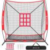 imageBAGAIL 7x7 ft Baseball ampamp Softball Practice Net with Bow Frame for Batting Hitting Pitching Portable Baseball Throwing Net with Strike Zone Carry Bag Baseball Training Aid for All LevelsFull Mouth  Red