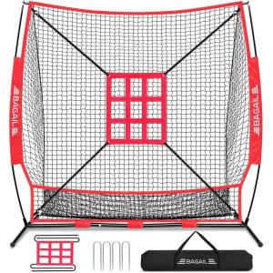 imageBAGAIL 7x7 ft Baseball ampamp Softball Practice Net with Bow Frame for Batting Hitting Pitching Portable Baseball Throwing Net with Strike Zone Carry Bag Baseball Training Aid for All LevelsFull Mouth  Red