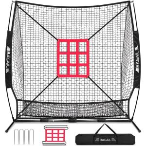imageBAGAIL 7x7 ft Baseball ampamp Softball Practice Net with Bow Frame for Batting Hitting Pitching Portable Baseball Throwing Net with Strike Zone Carry Bag Baseball Training Aid for All LevelsFull Mouth  Black