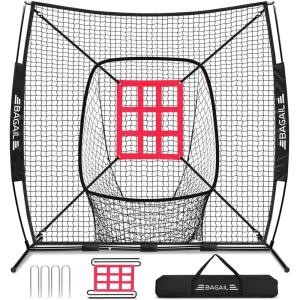 imageBAGAIL 7x7 ft Baseball ampamp Softball Practice Net with Bow Frame for Batting Hitting Pitching Portable Baseball Throwing Net with Strike Zone Carry Bag Baseball Training Aid for All LevelsSock Pocket  Black