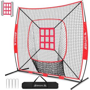 imageBAGAIL 7x7 ft Baseball ampamp Softball Practice Net with Bow Frame for Batting Hitting Pitching Portable Baseball Throwing Net with Strike Zone Carry Bag Baseball Training Aid for All LevelsSock Pocket  Red